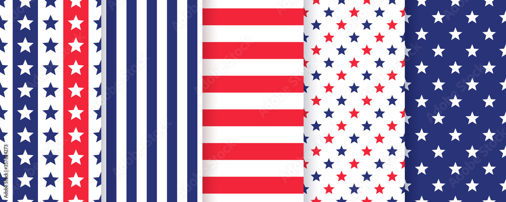 Fototapeta premium 4th july seamless pattern. American patriotic textures. Vector. Happy independence prints. Set of abstract geometric backgrounds. Simple modern illustration.