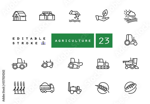 Agricultural machinery and agribusiness vector icons set. Agriculture Farming and horticulture equipment outline symbols pack. Tractor combine harvester isolated contour illustrations. Editable stroke