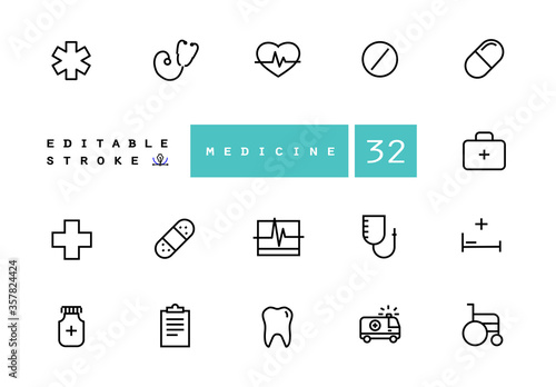 Medicine and medical equipment vector linear icons set. Medicine and health outline symbols pack. Collection of medical equipment isolated contour illustrations. Ambulance. Medicaments. Ventilator