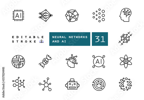Vector linear icons set with Neural networks and abstract thinking. Machine learning and artificial intelligence. Isolated contour illustrations. Editable stroke. icon, icons, pictogram, symbol