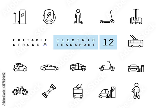 Eco transport. Vector linear icons set with gyro scooter skateboard monocycle bicycle electric car elements vector illustration electric vehicle gas station. Isolated contour. Editable objects