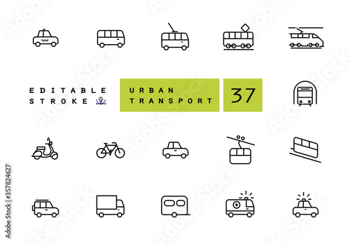 Urban transport vector linear icons set. Transportation outline symbols pack. Collection of transport icons isolated contour illustrations. Ambulance. Police car. Truck. Trolleybus. Bus. Metro. Taxi