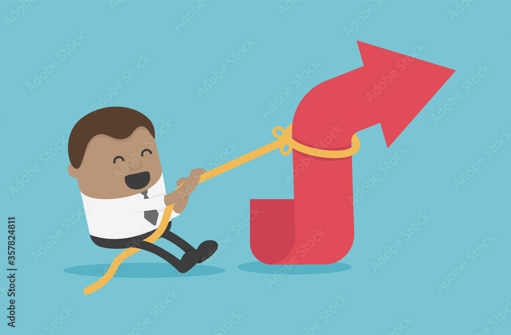 African businessman is using a rope to pull the arrow graph. concept business vector cartoon African businessman is using a rope to pull the arrow graph. concept business vector cartoon