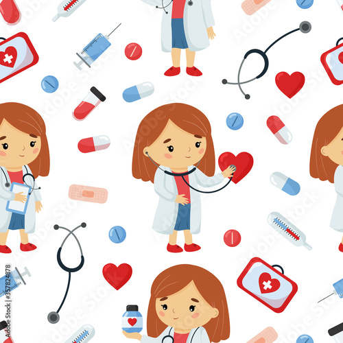 Vector childish seamless pattern of cartoon doctor with medical tools. Kawaii character. About healthcare for kids.