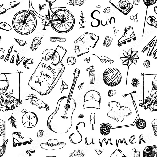 Summer themed doodle hand drawn vector seamless pattern. Monochrome background from elements of vacation, travel, summer accessories, lettering. Design for print, wrapping, fabric, wallpaper, card.