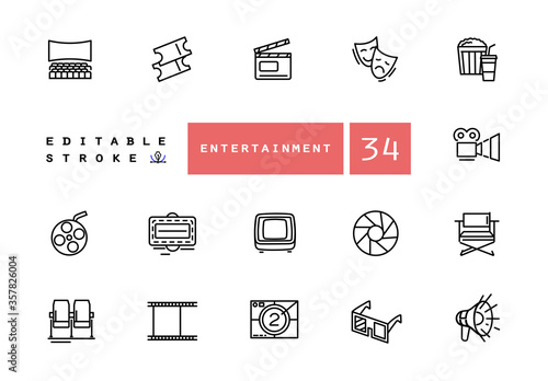 Filmmaking and cinema equipment vector linear icons set. Cinema outline symbols pack. Collection of cinema equipment isolated editable contour illustrations. Camera. Clapper. Theater. TV.