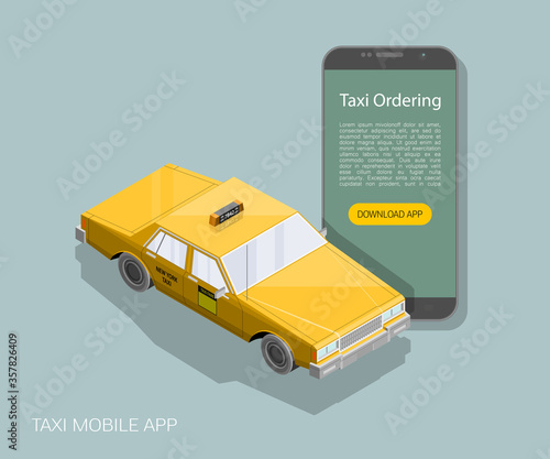 Yellow isometric taxi cab banner. Online mobile application order taxi service illustration. Flat car isometric quality banner. 3D taxi vehicle smartphone. Get a taxi online phone isometry application