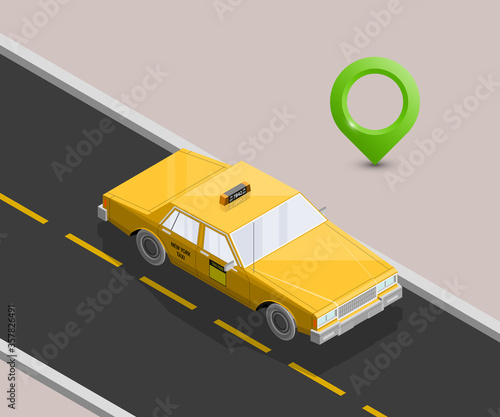 Yellow isometric taxi cab banner. Online navigation application order taxi service. Isometry car isometric route banner. 3D taxi classic vehicle itinerary road. Get a taxi online phone application
