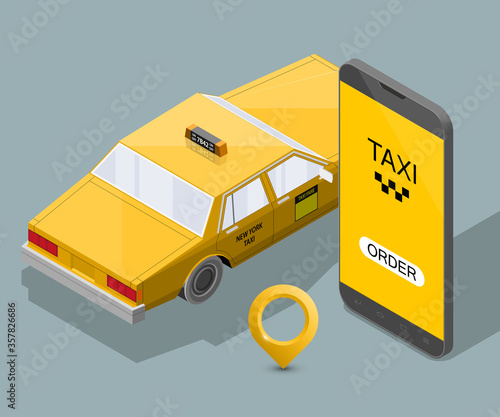 Yellow isometric taxi cab banner. Online mobile application order taxi service illustration. Flat car isometric quality banner. 3D taxi vehicle smartphone. Get a taxi online phone isometry application