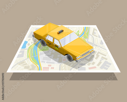 Yellow isometric taxi cab banner. Online navigation application order taxi service. Isometry car isometric route banner. 3D taxi classic vehicle itinerary road. Get a taxi online phone application