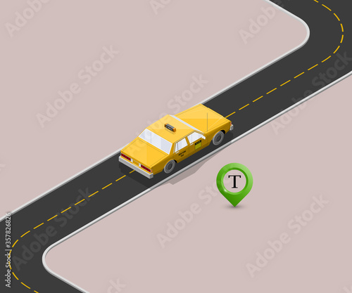 Yellow isometric taxi cab banner. Online navigation application order taxi service. Isometry car isometric route banner. 3D taxi classic vehicle itinerary road. Get a taxi online phone application