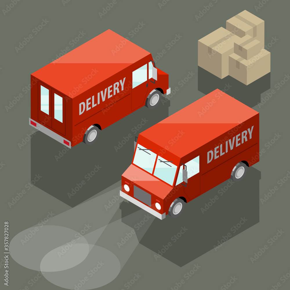 Isometric delivery van. Cargo truck transportation box on route, Fast delivery logistic 3d carrier transport, 3d flat isometry city freight car, infographic loading goods. Low poly style vehicle truck Isometric delivery van. Cargo truck transportation box on route, Fast delivery logistic 3d carrier transport, 3d flat isometry city freight car, infographic loading goods. Low poly style vehicle truck