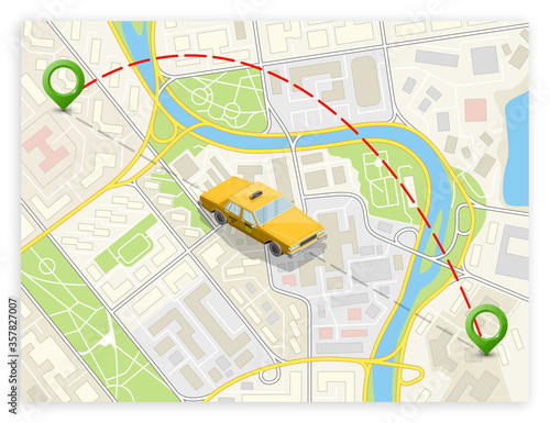 Yellow cab banner isometric. Online navigation application order taxi service. Isometry car 3d isometric route banner. 3D taxi classic vehicle itinerary road. Get a taxi online phone application
