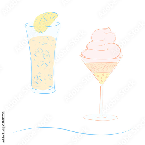 Hand drawn glasses of lemonade and dessert or ice cream decorated with waving line. Isolated