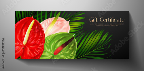 Gift certificate, Voucher with tropical exotic asian flower bouquet - Anthurium andraeanum, green palm branch. Floral background template for wedding design, 8 march invite, funeral thank you card