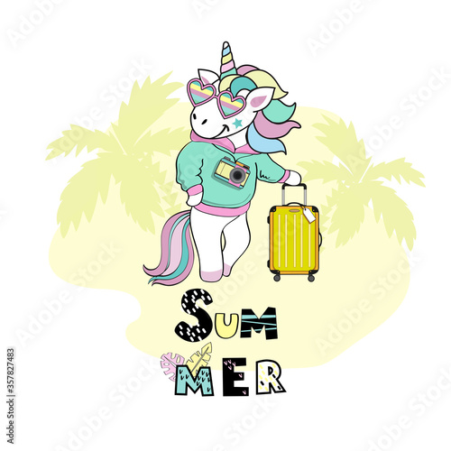 Beautiful summer unicorn with a suitcase on a white background. Concept vacation vector illustration
