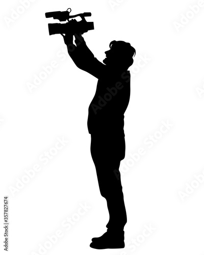 Photograph and photo camera on street. Isolated silhouettes of people on white background