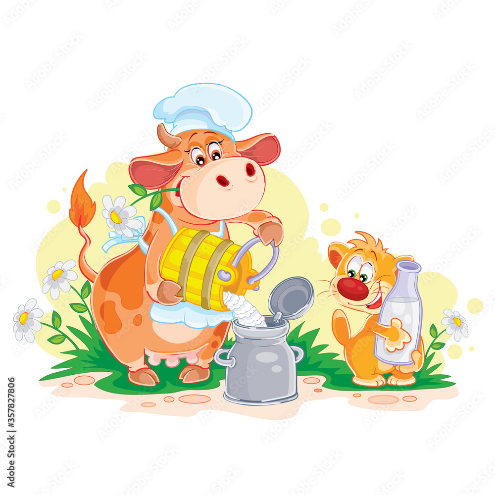 Naklejka premium cute cat character holds in its claws a large bottle of milk, a cow in a cap happily distributes milk from the tank, cartoon illustration, isolated object on a white background, vector illustration,