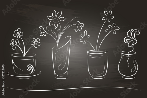 Hand-drawn vases with flowers on chalkboard. Design elements. Isolated