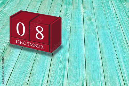 Wallpaper Mural December 8th, Day 08 of December month, Red calendar on workplace green wood, Empty space for text, Copy space right, 3D illustration Torontodigital.ca
