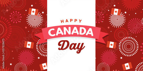 Canada day celebration. Canada Independence Day. 1st of July. Happy Canada Day greeting card. Celebration background with fireworks, flags and text. Vector illustration