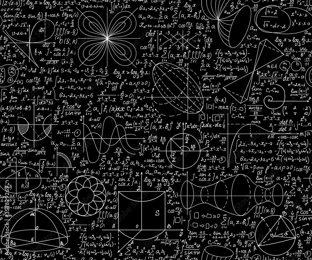 Fototapeta premium Mathematical vector seamless endless texture with handwritten figures, calculations and formulas