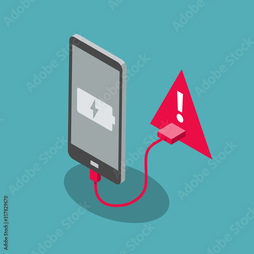 Juice jacking attack symbol with a smartphone and a red USB charging port, isolated on blue background. Flat design, easy to use for your website or presentation.