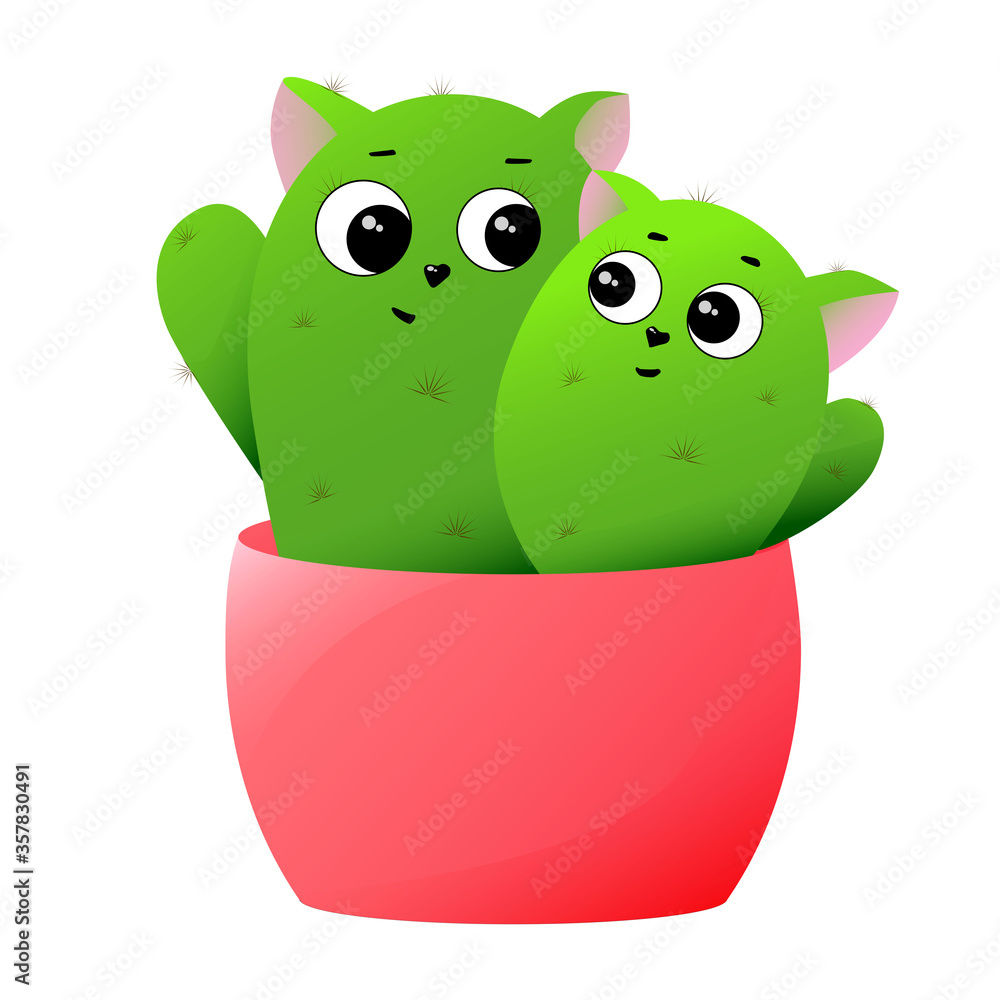 Two cactus cats in a pot, cute. On white background. In cartoon style . Doodle illustration. Two cactus cats in a pot, cute. On white background. In cartoon style . Doodle illustration.