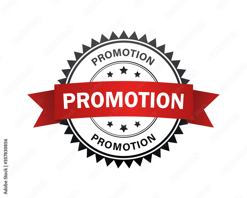 Promotion label. Promotion black-red stamp with band. Vector illustration.