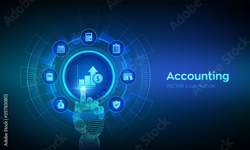 Accounting. Accountancy service. Banking Calculation. Financial analysis, investments and business consulting concept. Online banking. Robotic hand touching digital interface. Vector illustration.