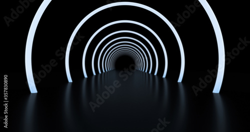 Canvas Print Abstract background, tunnel of glowing arcs. 3D render.