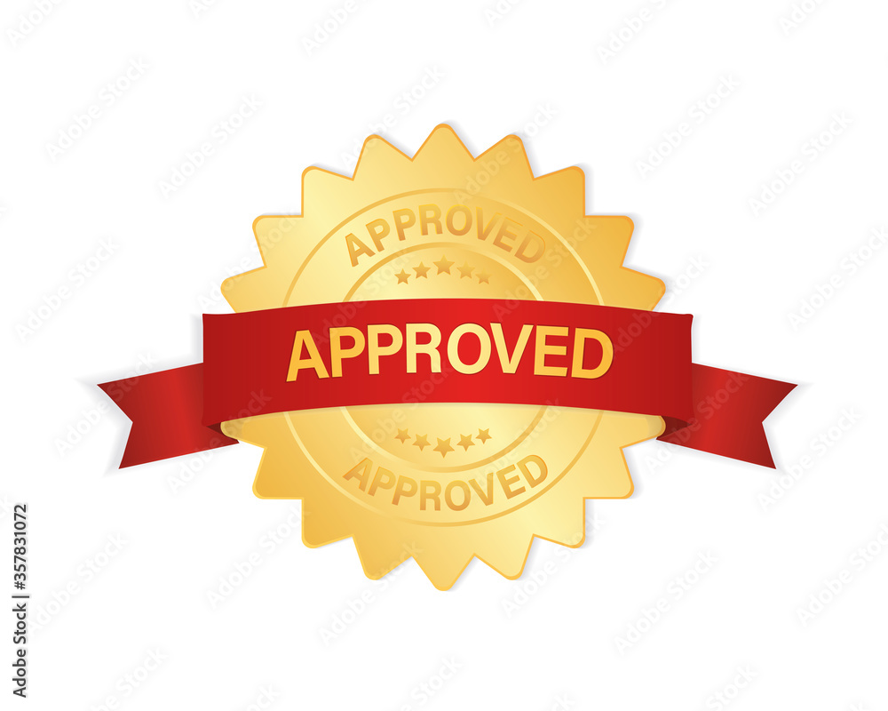 Approved 3d gold badge with red ribbon sign, label isolated on white background. Approved 3d gold badge with red ribbon sign, label isolated on white background.