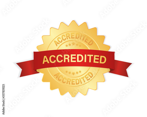 Accredited 3d gold badge with red ribbon sign, label isolated on white background.