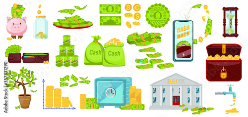 Color Flat Money Set  vector, safe, coins, cash, investments, moneybox, wallet, dollar, cent, euro, pound sterling, generic currency symbol