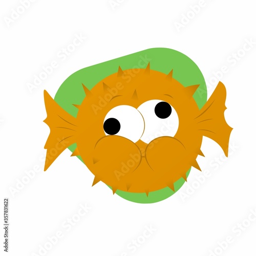 Illustration of Orange Puffer Fish Cartoon, Cute Funny Character, Flat Design