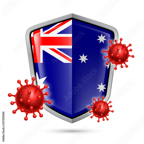 Flag of Australia on Metal Shiny Shield Icon and Red Corona Virus Cells. Concept of Health Care and Safety Badge. Security Safeguard Metal Label with Australian flag