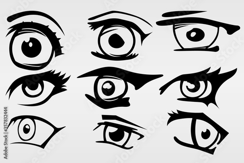 A set of nine painted eyes in various styles of performance. Set for various purposes.