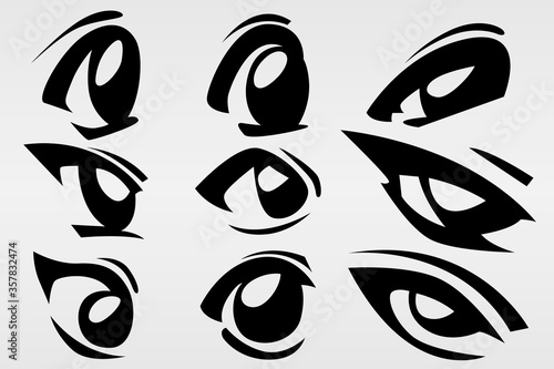 A set of nine painted eyes in various styles of performance. Set for various purposes.