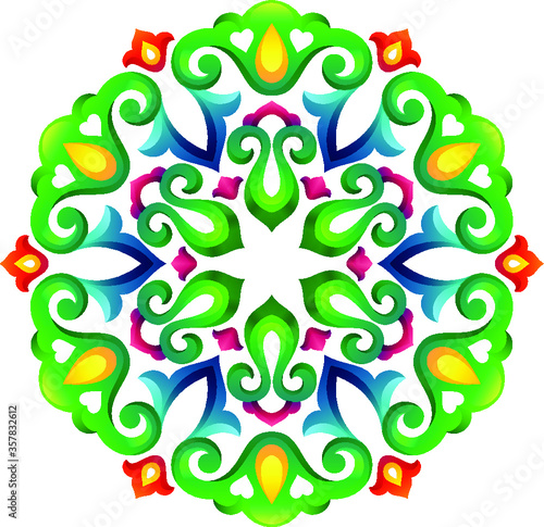 Tatar Native Ornamental Rosette in Arabic and Turkish style. Original hand made ornamental circle with colorful gradients in tatar tradition. Floral pattern with tulips and hearts.