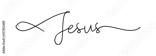 Jesus. Christian, bible, religious, churh word. Lettering typography poster, banner vector design. Jesus with ichthys - fish. Hand drawn modern vector calligraphy text - Jesus.