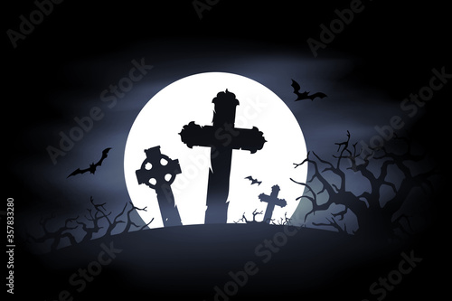 Haunted cemetery with cross and full moon. Spooky old graveyard at night with tombstone crucifix, fog and bats. Halloween background. Vector illustration.