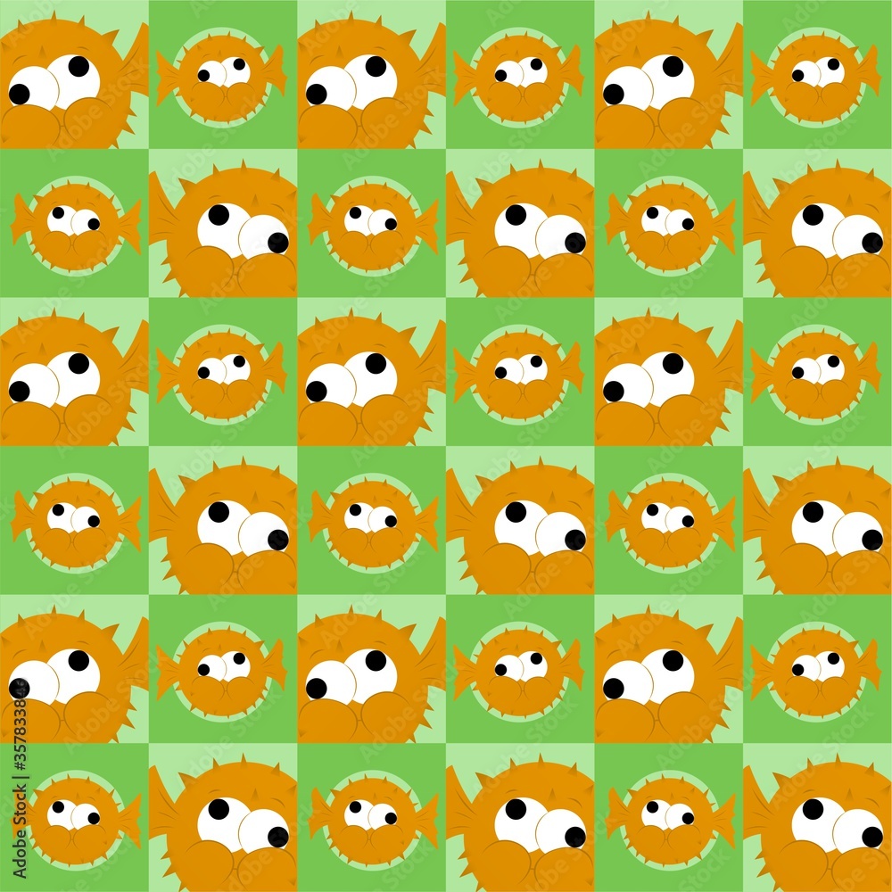 Orange Puffer Fish Cute Illustration, Cartoon Funny Character, Pattern Wallpaper 