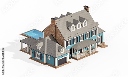 3d rendering of modern cozy classic house in colonial style with garage and pool for sale or rent. Isolated on white.