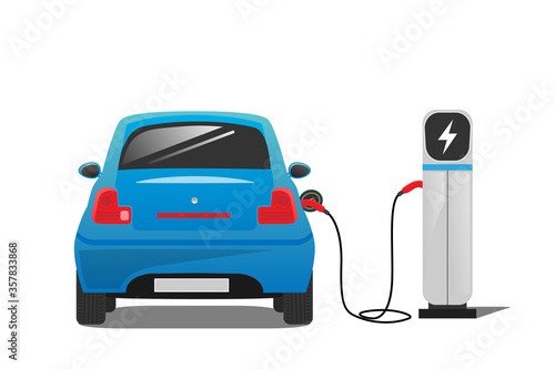 Blue electric car with electric car charging station on white background