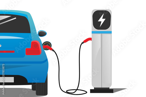 Blue electric car with electric car charging station on white background