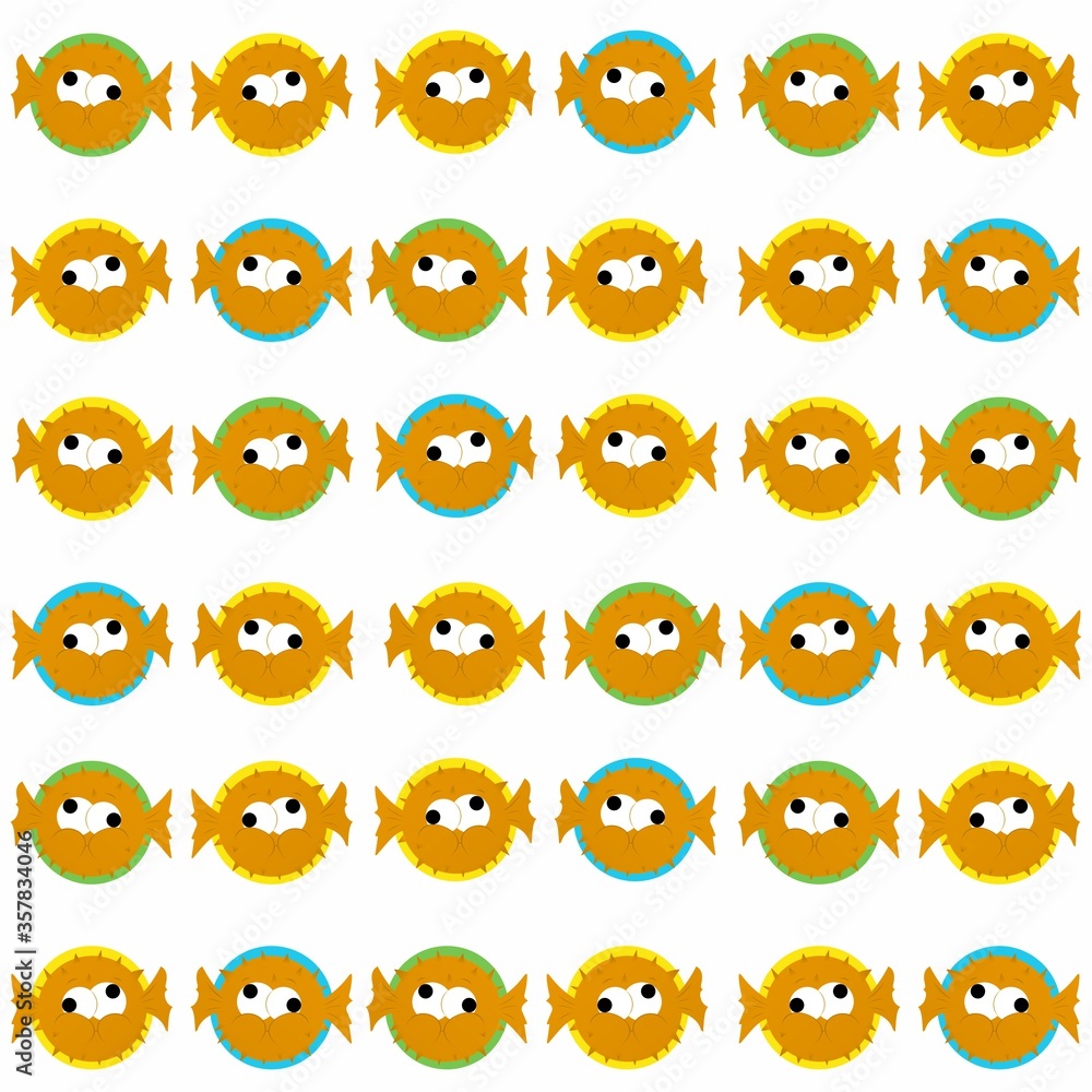 Orange Puffer Fish Cute Illustration, Cartoon Funny Character, Pattern Wallpaper 
