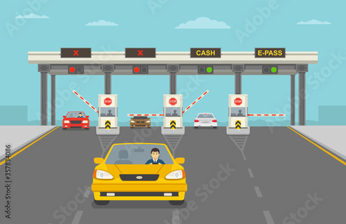 Cars passing through checkpoint to pay road toll at highway. Flat vector illustration.