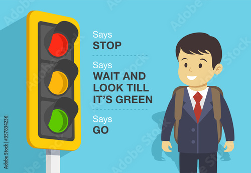 Traffic light and their meaning. Color identification. Flat vector illustration.