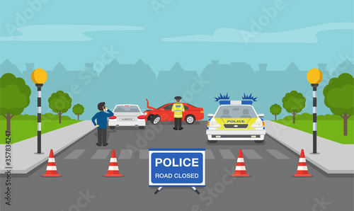 Traffic accident on a city street. Zebra crossing with belisha beacons. Flat vector illustration.
