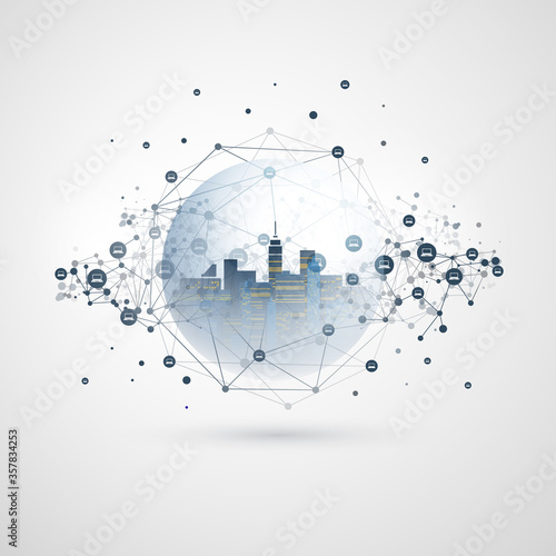 Futuristic Smart City, IoT and Cloud Computing Design Concept with Polygonal Mesh, Cluster and Nodes - Digital Network Connections, Technology Background